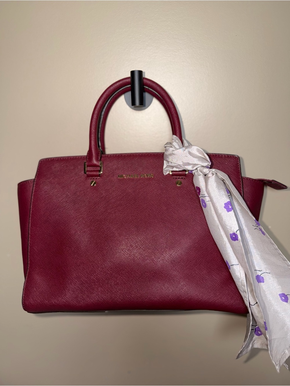Michael Kors Wine Saffiano Leather Satchel with Scarf Accent